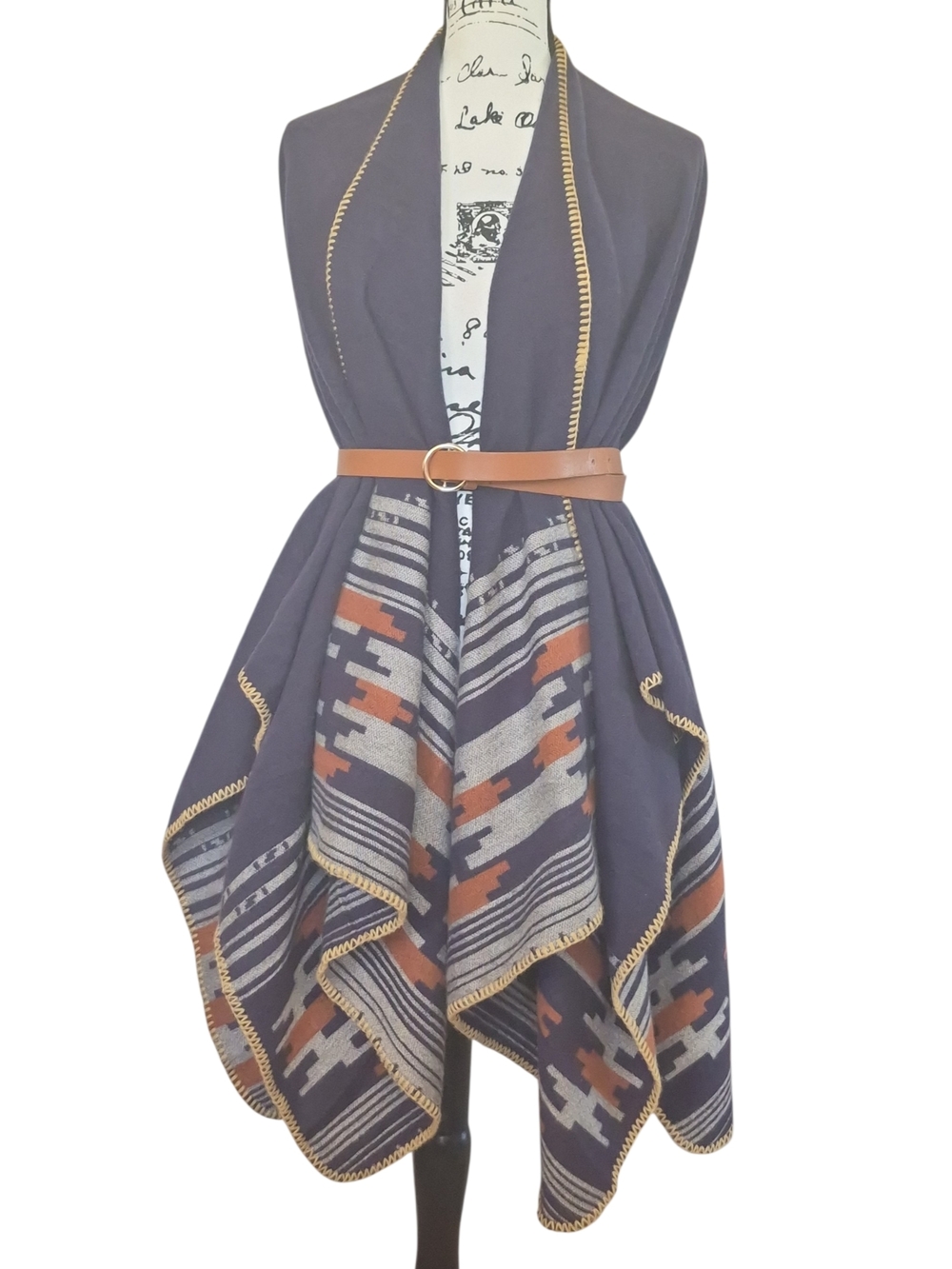 Navy/Grey/Brown Aztec-Trim Wrap Scarf - Picture 4 of 5